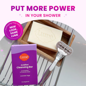 Lume bar on bathroom shelf styled with naturals showing calming scent