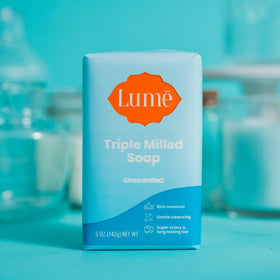 Lume bar on bathroom shelf in lifestyle setting emphasizing fragrance-free routine