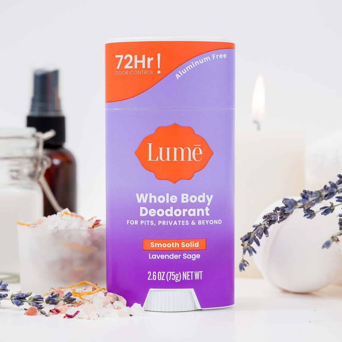 Lume deodorant and soap side by side for scale comparison