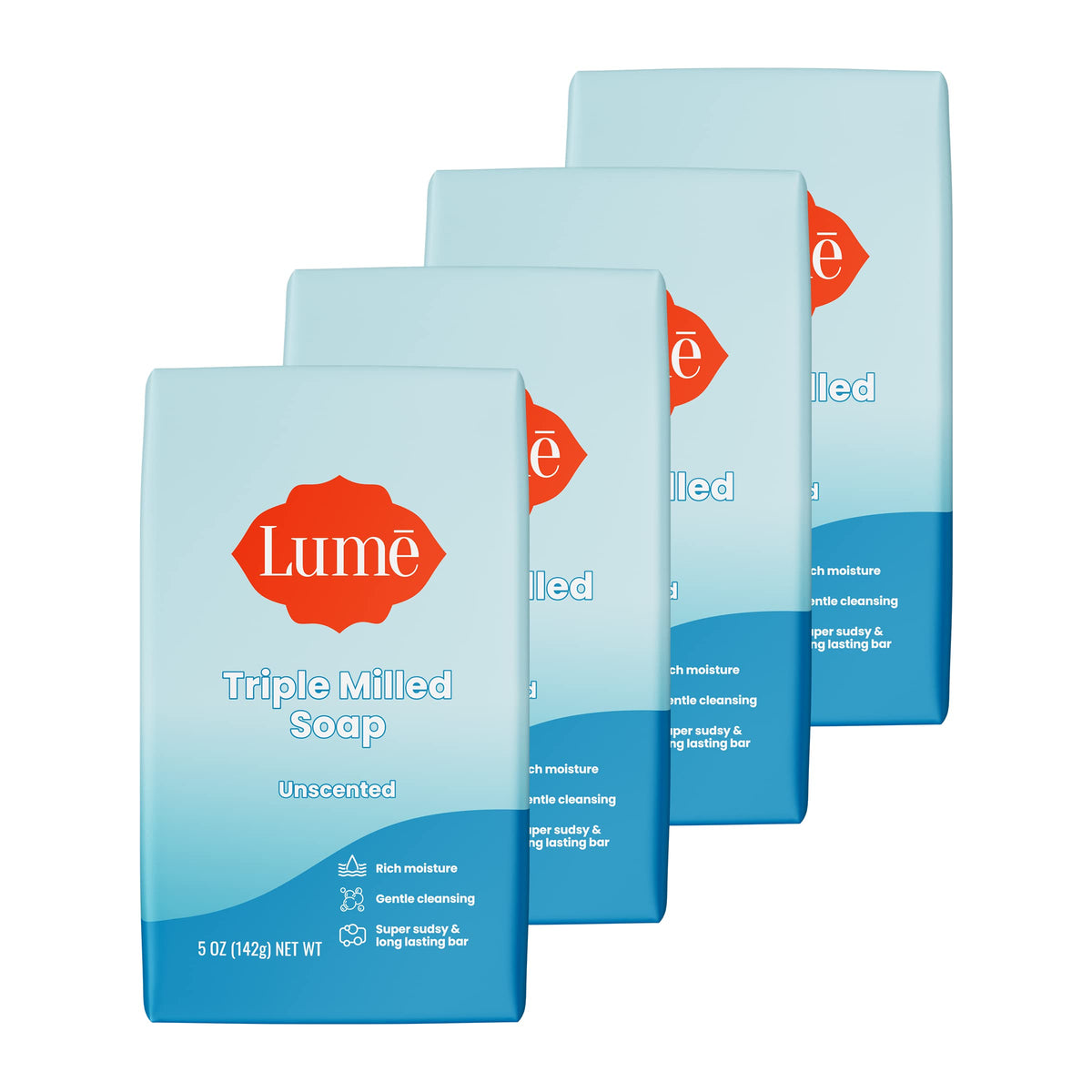 Lume front packaging unscented bar showing clean design and moisturizing benefit