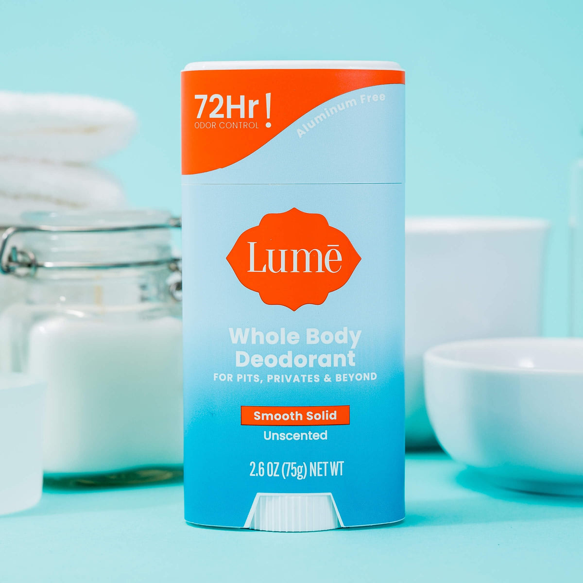 Close shot of Lume ingredient panel emphasizing aluminum‑free, gentle formulation benefit
