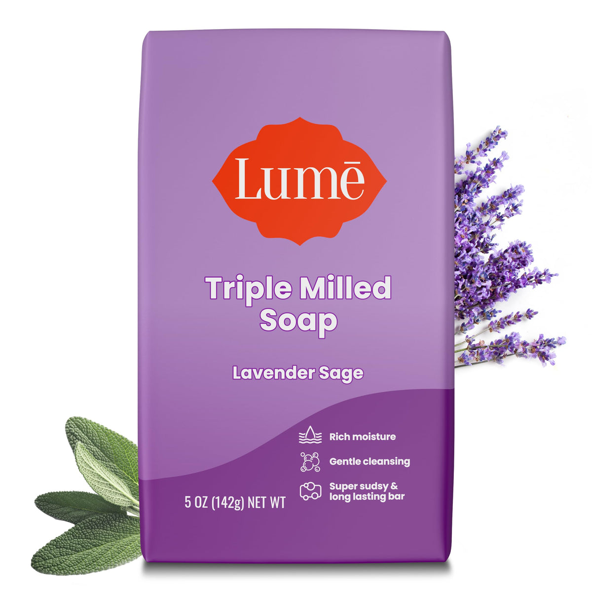Lume front packaging showing Lavender Sage and 5 ounce size, clear product benefit