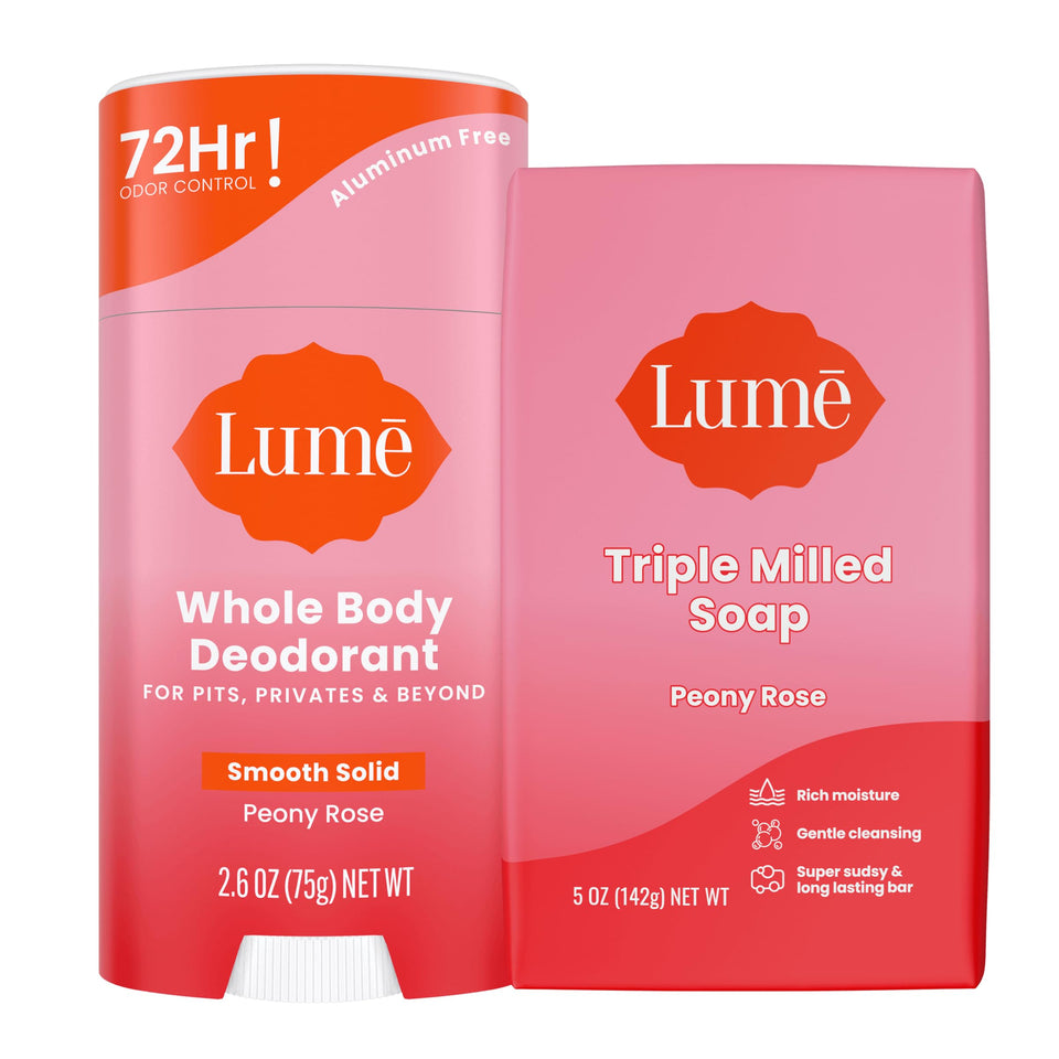 Lume peony rose bundle front packaging showing deodorant and soap for easy identification and benefits