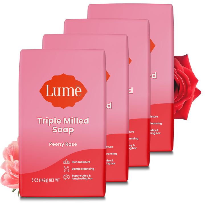 Lume front packaging showing four peony rose bars and product benefit