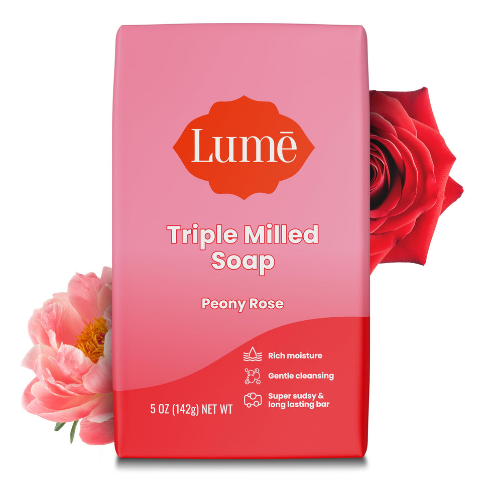 Lume Peony Rose front packaging showing bar and floral branding for gentle cleanse
