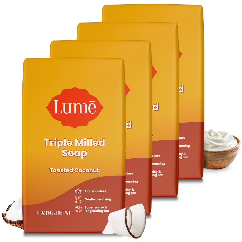 Lume toasted coconut front packaging showing four bars and scent