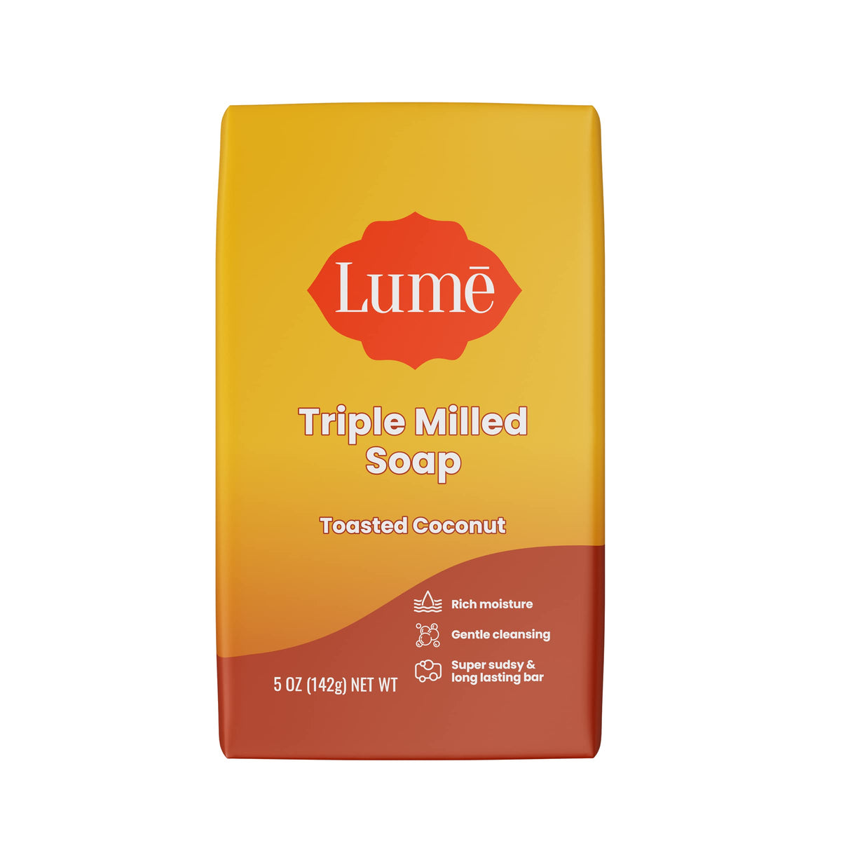 Lume toasted coconut front packaging showing bar and scent benefits