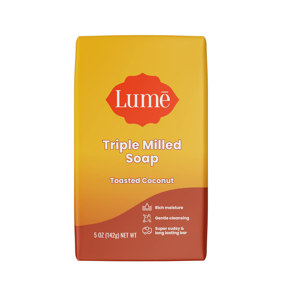 Lume toasted coconut front packaging showing bar and scent benefits