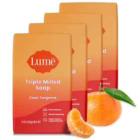 Lume front packaging showing four Clean Tangerine bars and moisturizing benefits