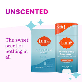 Lume triple‑milled soap angled shot showing dense bar and longer lasting benefit