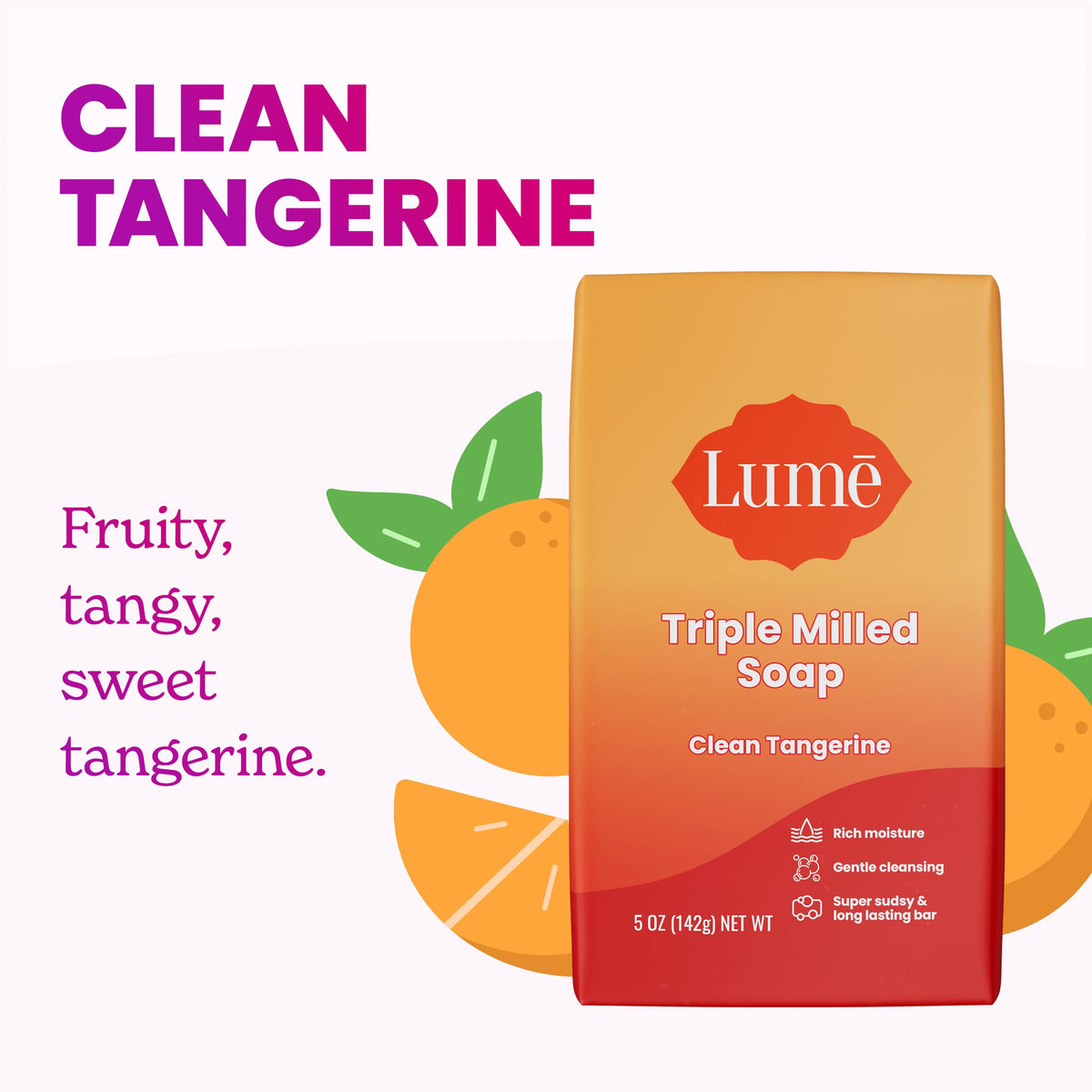 Lume triple-milled soap bar side view highlighting dense, long-lasting formulation