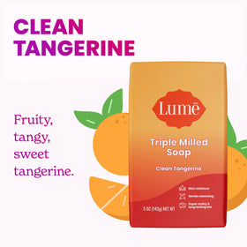 Lume triple-milled soap bar side view highlighting dense, long-lasting formulation