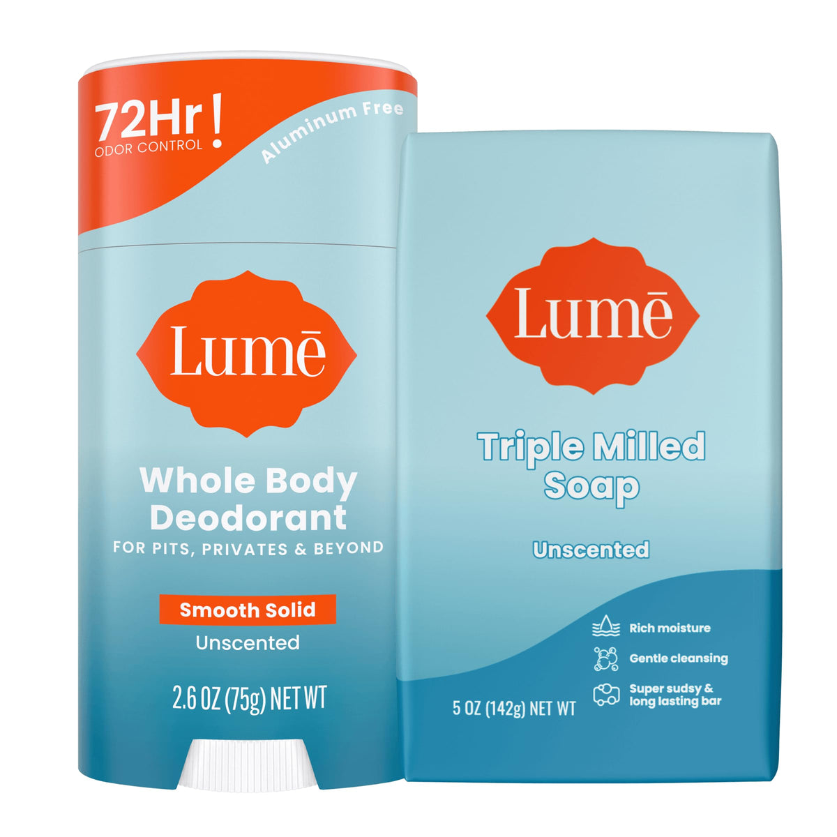 Lume whole body bundle front packaging showing unscented deodorant and soap benefits