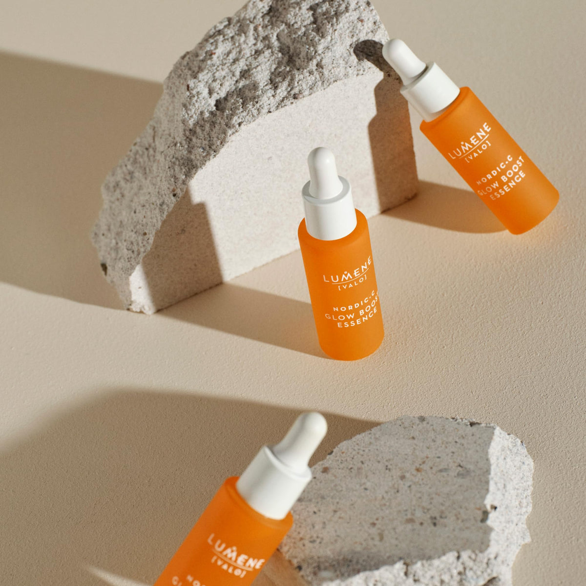 Lumene bottle on bathroom vanity styled for daily morning routine