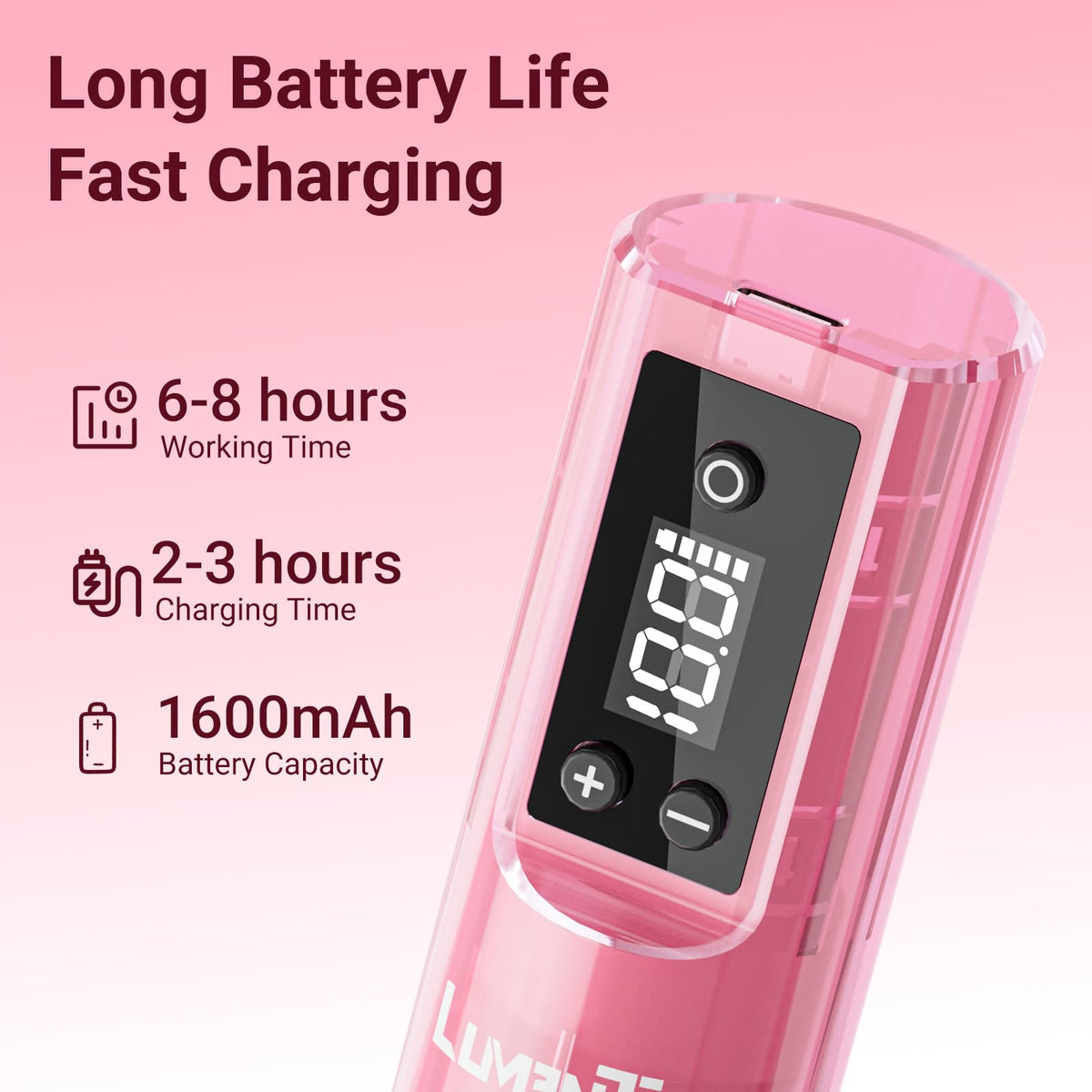 LumenTip 2000mAh battery and charging port demonstrating long runtime