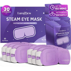 LumiDew front packaging showing 30 unscented steam masks and benefits