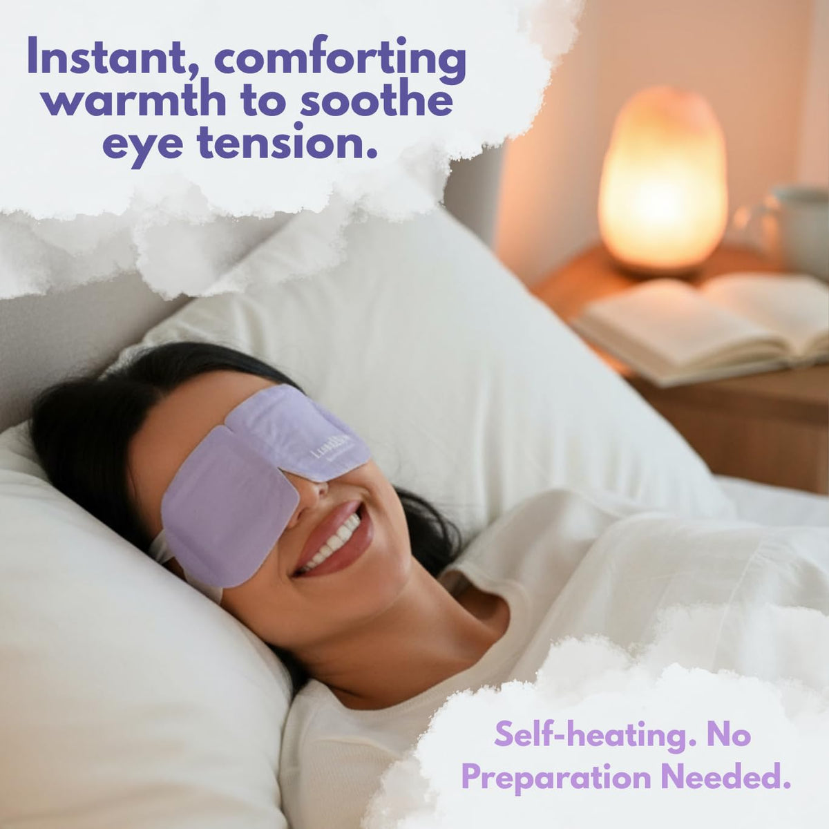 LumiDew mask worn on eyes demonstrating relaxed sleep and reduced strain
