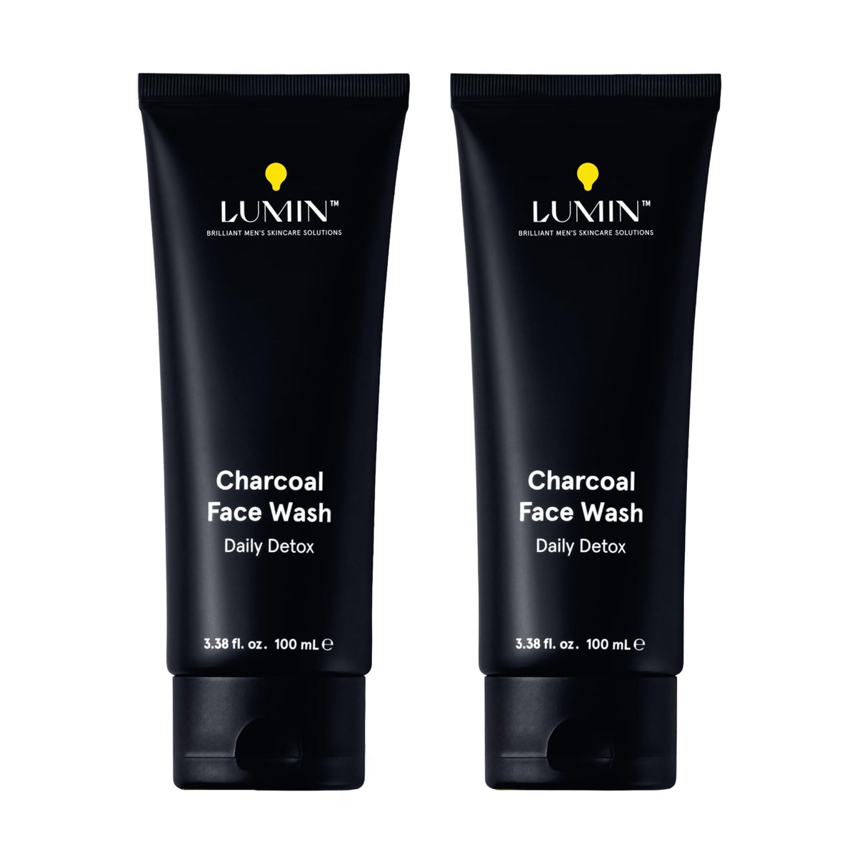 Lumin front packaging of charcoal face wash showing clear branding and clean design benefit: easy product ID