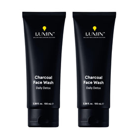 Lumin front packaging of charcoal face wash showing clear branding and clean design benefit: easy product ID