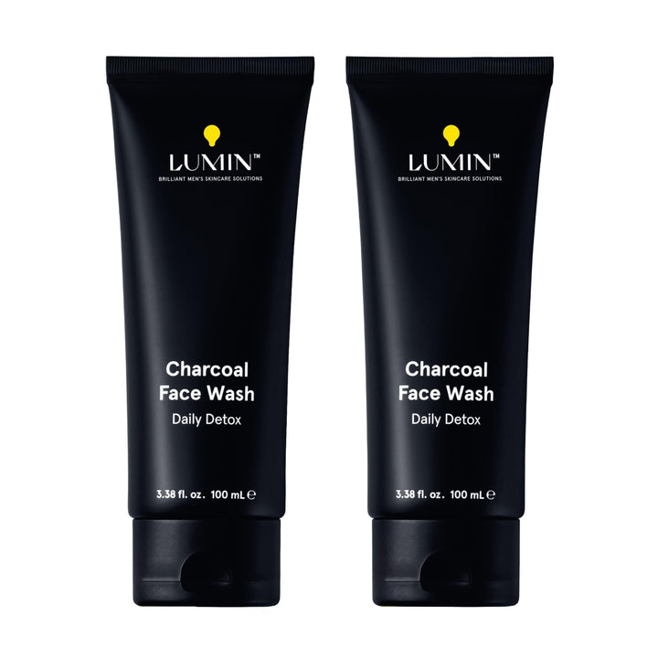 Lumin front packaging of charcoal face wash showing clear branding and clean design benefit: easy product ID