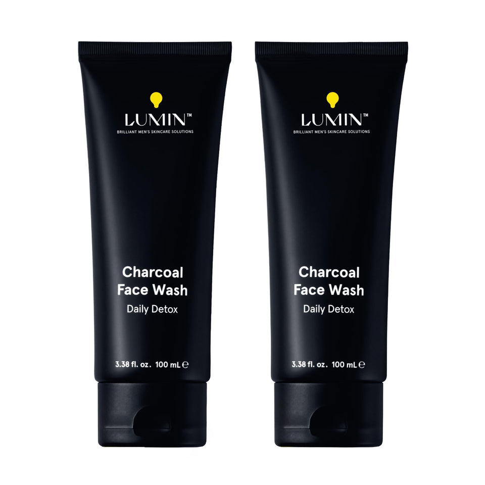 Lumin front packaging of charcoal face wash showing clear branding and clean design benefit: easy product ID