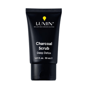Lumin charcoal scrub front packaging showing tube and branding for confident grooming