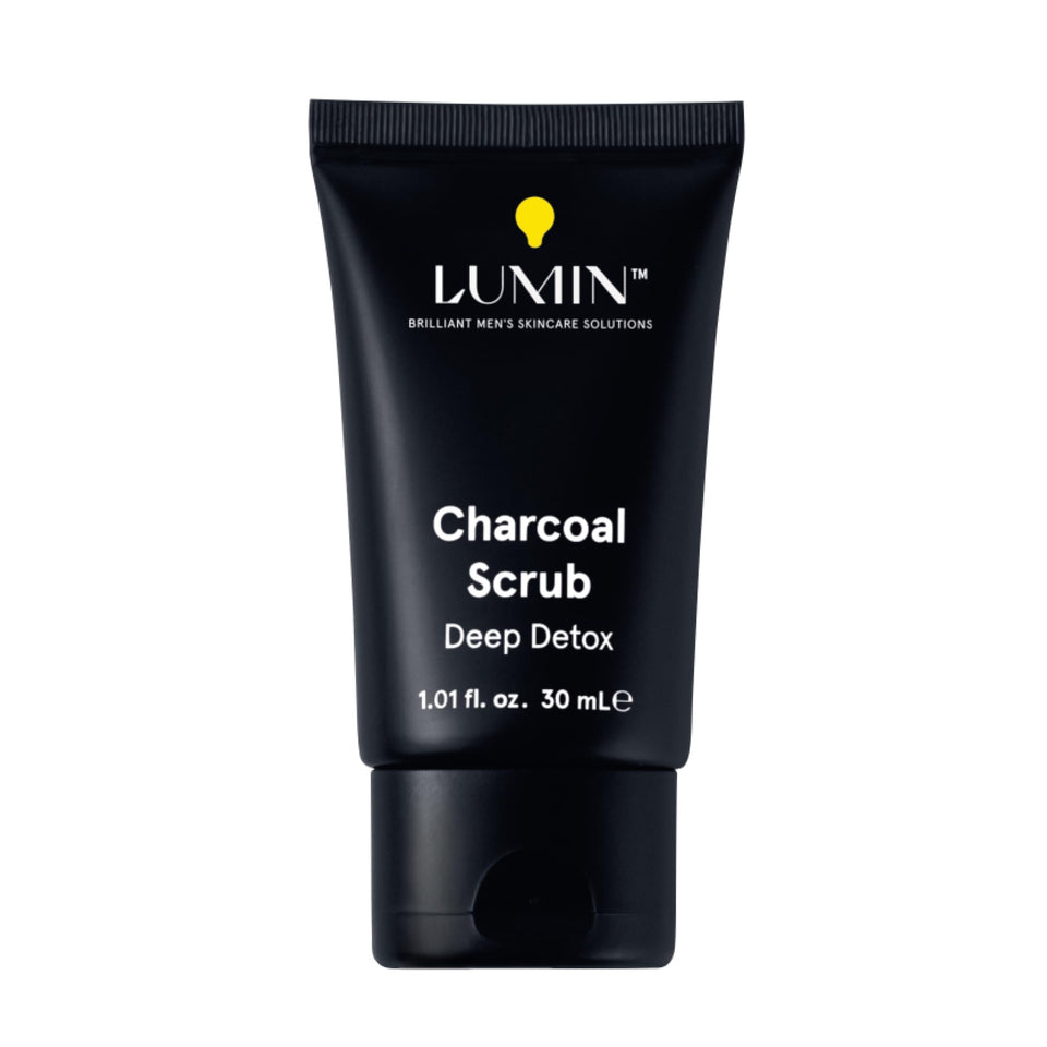 Lumin charcoal scrub front packaging showing tube and branding for confident grooming