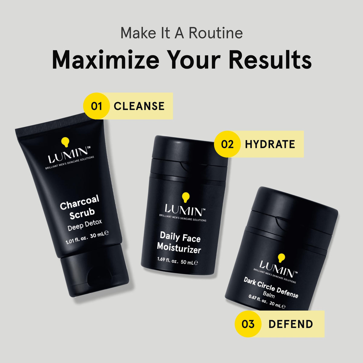 Lumin charcoal scrub ingredients label highlighting charcoal, cellulose and green tea benefits