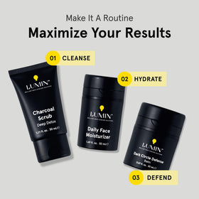 Lumin charcoal scrub ingredients label highlighting charcoal, cellulose and green tea benefits