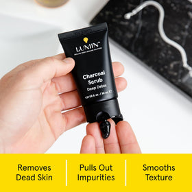 Lumin charcoal scrub texture close-up showing exfoliant beads for effective polishing