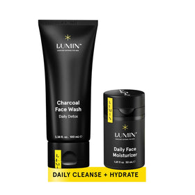 Lumin front packaging showing the charcoal wash and moisturizer, convenient daily duo