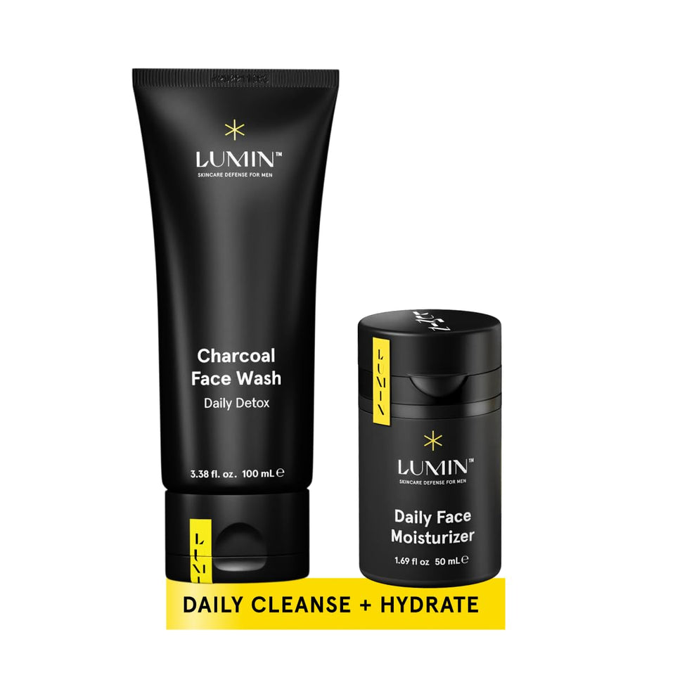 Lumin front packaging showing the charcoal wash and moisturizer, convenient daily duo