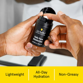 Lumin cream texture closeup highlighting lightweight finish and fast absorption benefit