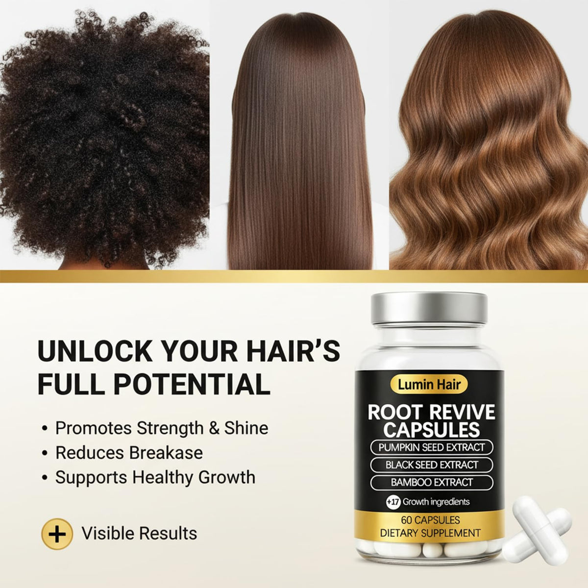 Lumin Hair black seed and botanicals display illustrating natural ingredient benefit