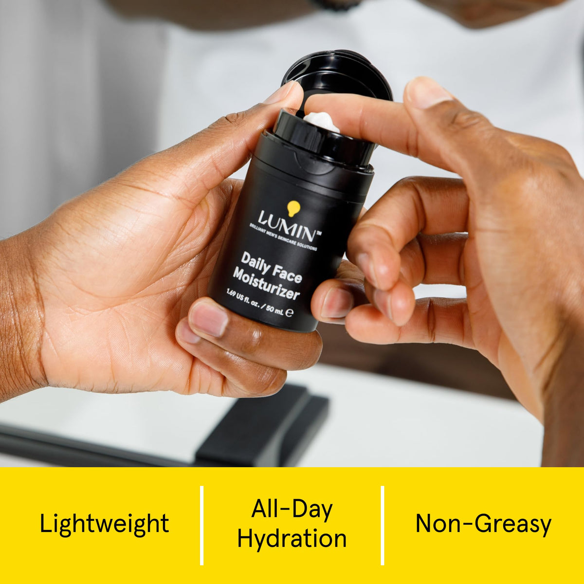 Lumin cream texture close-up highlighting lightweight hydrating finish
