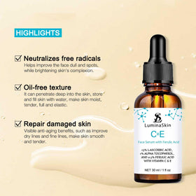 LuminaSkin label close-up listing Vitamin C, Vitamin E and Ferulic Acid benefits