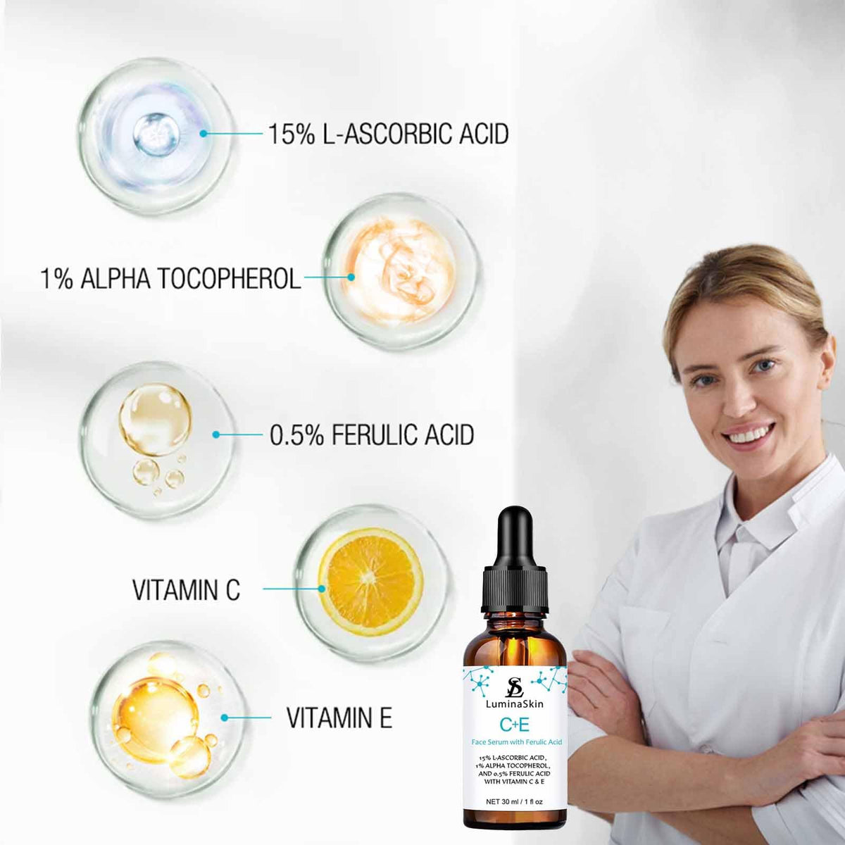 LuminaSkin serum texture drop on fingertip demonstrating lightweight absorption