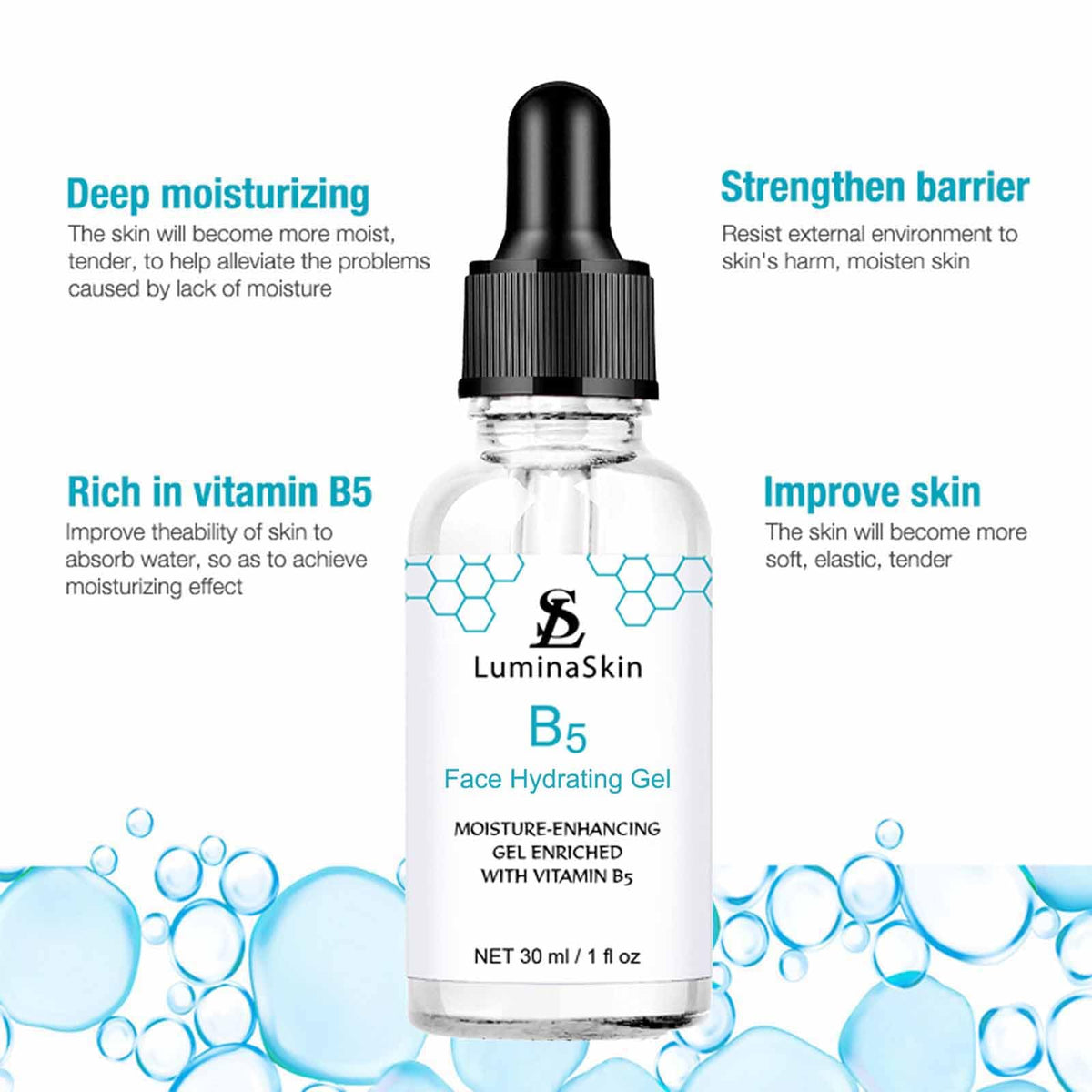 LuminaSkin single drop on fingertip highlighting concentrated hyaluronic hydration