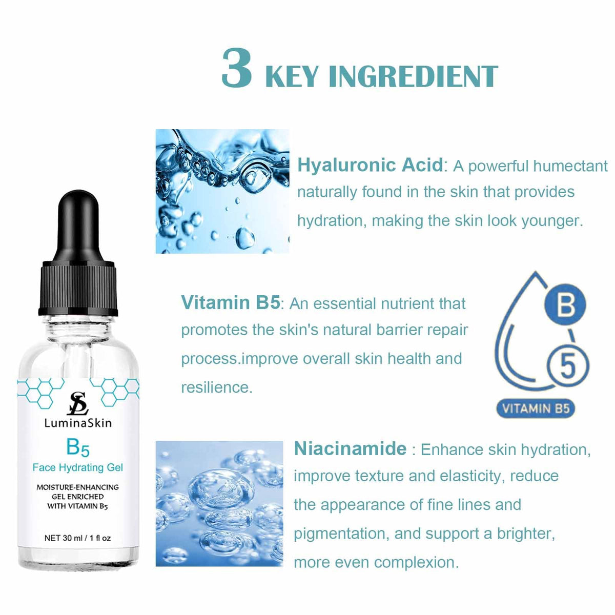 LuminaSkin gel texture close-up illustrating lightweight hydration and quick absorption