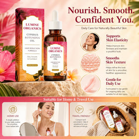 Lumine Organics bottle beside botanical ingredients highlighting natural blend