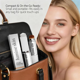 Lumine Skin travel purse lifestyle shot conveying quick touch-ups and portability