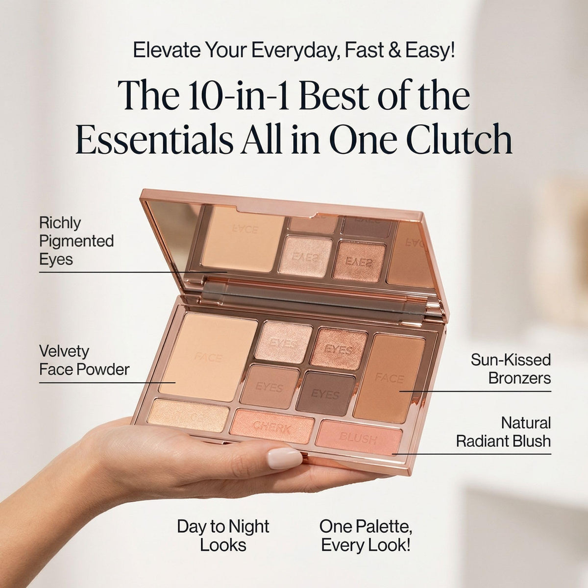 LUMINESS close-up of powder pans highlighting smooth pigmentation and blendability