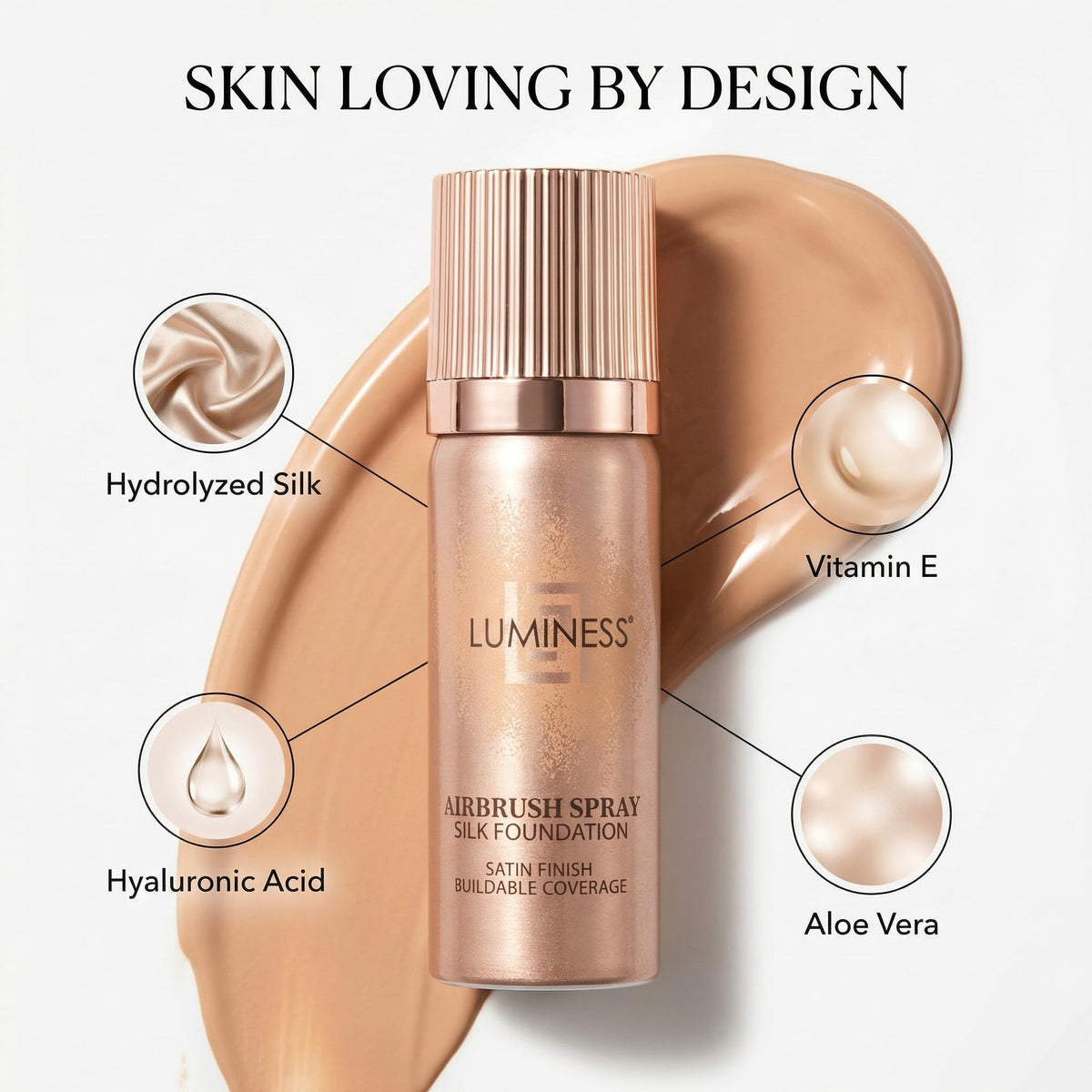 LUMINESS foundation medium swatches on arm showing color match and buildable finish