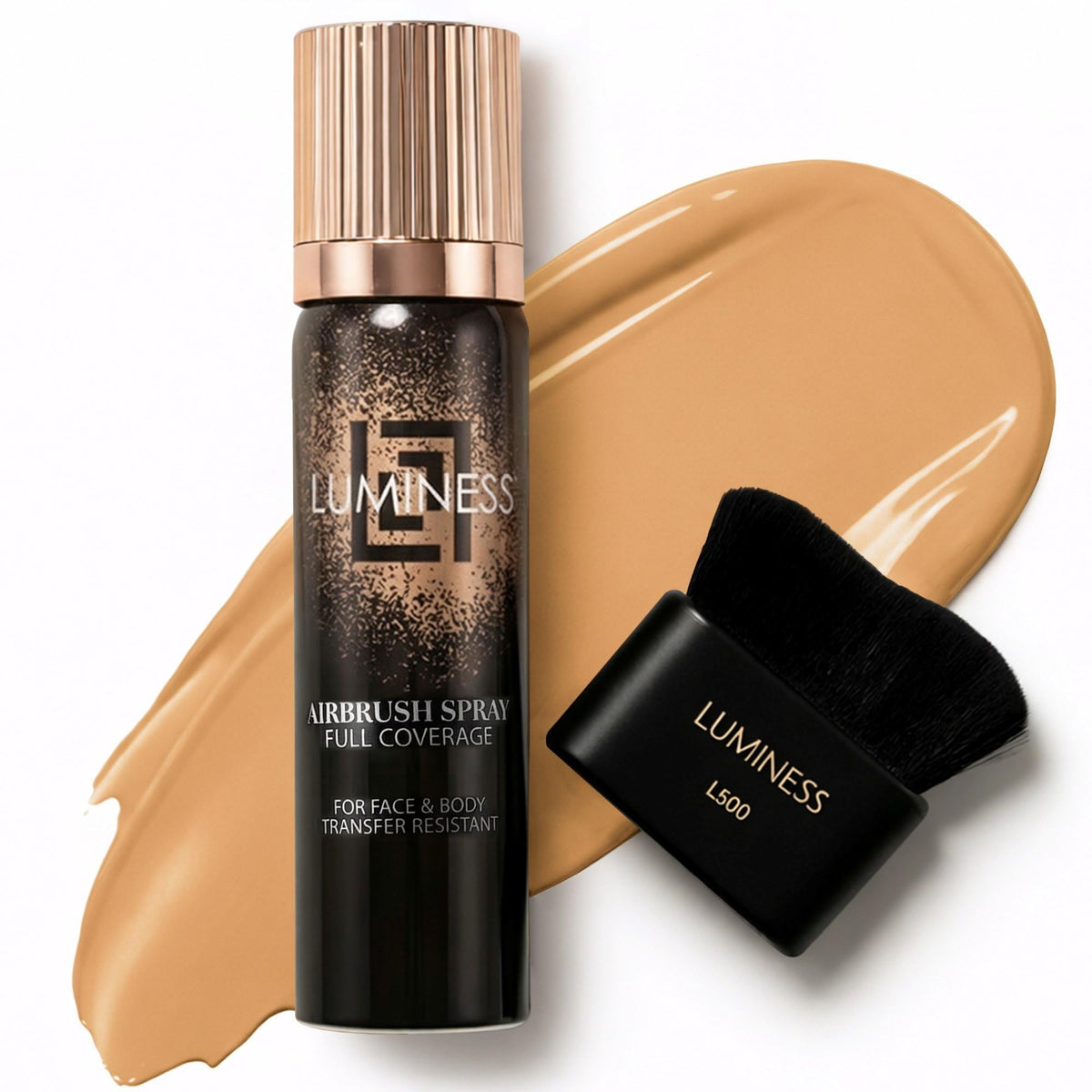 LUMINESS front packaging showing full product and kabuki brush convenience