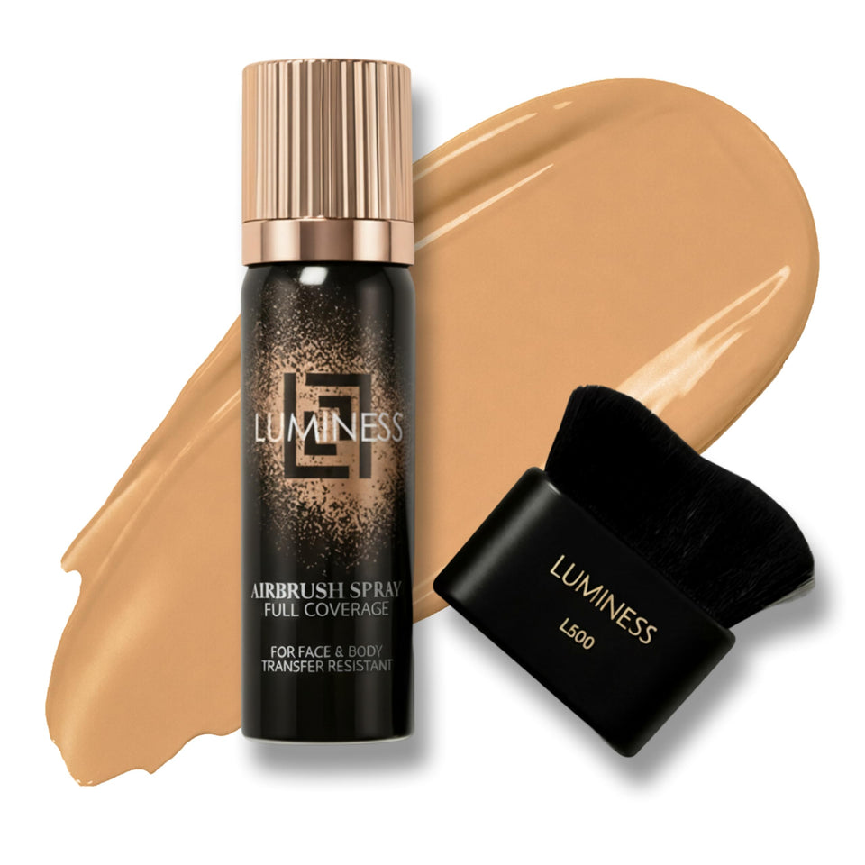 LUMINESS front packaging can and kabuki brush showing professional application benefit