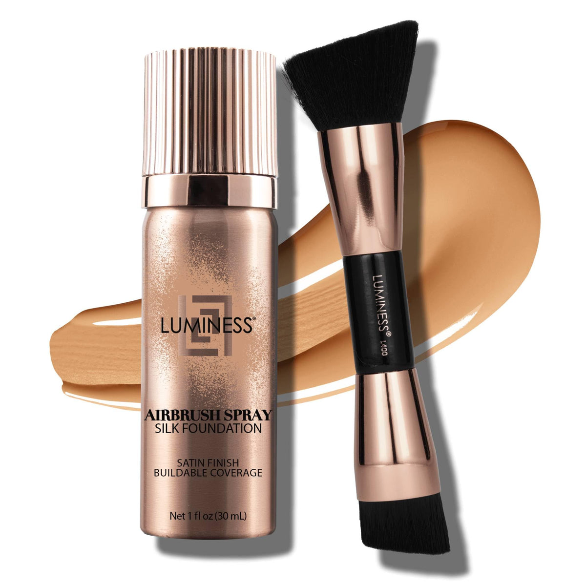 LUMINESS front packaging showing foundation and dual-sided brush, convenient kit