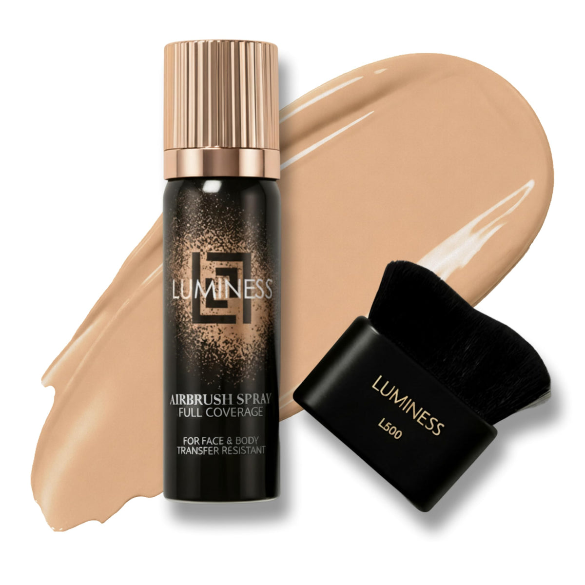 LUMINESS front packaging showing product and kabuki brush for flawless coverage