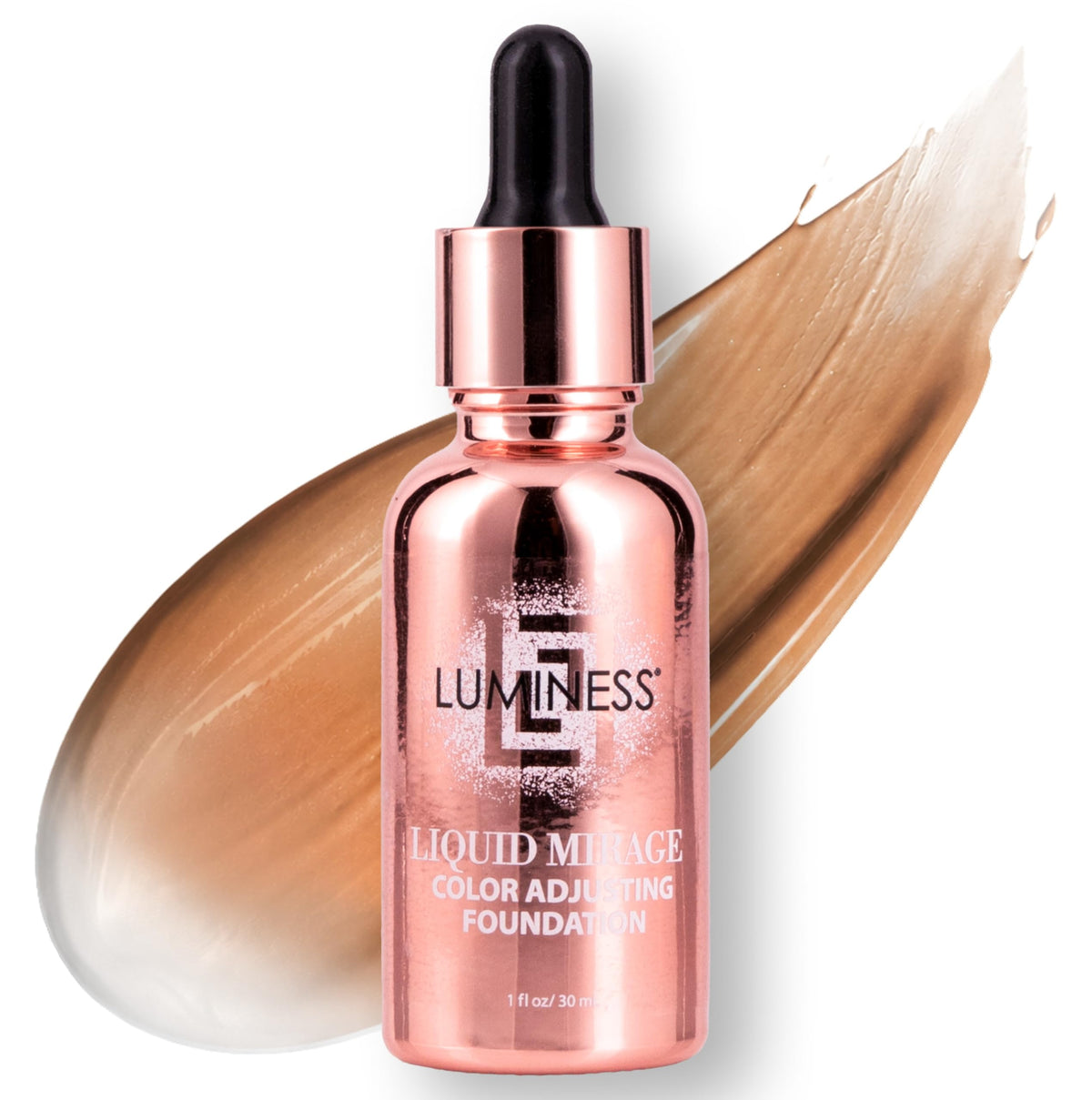 LUMINESS front bottle view showing sleek packaging and shade Tan