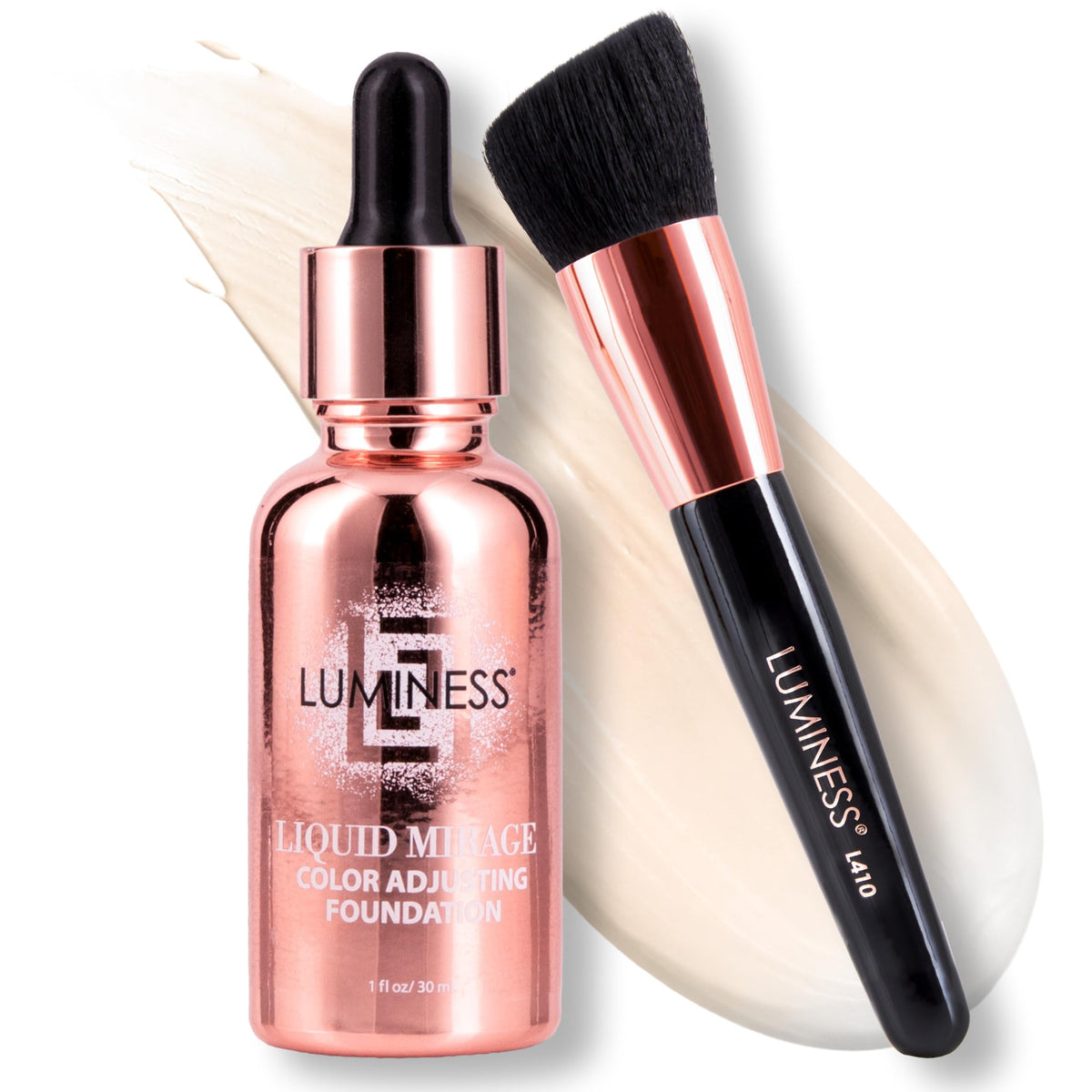 LUMINESS front packaging showing complete Liquid Mirage kit and benefits