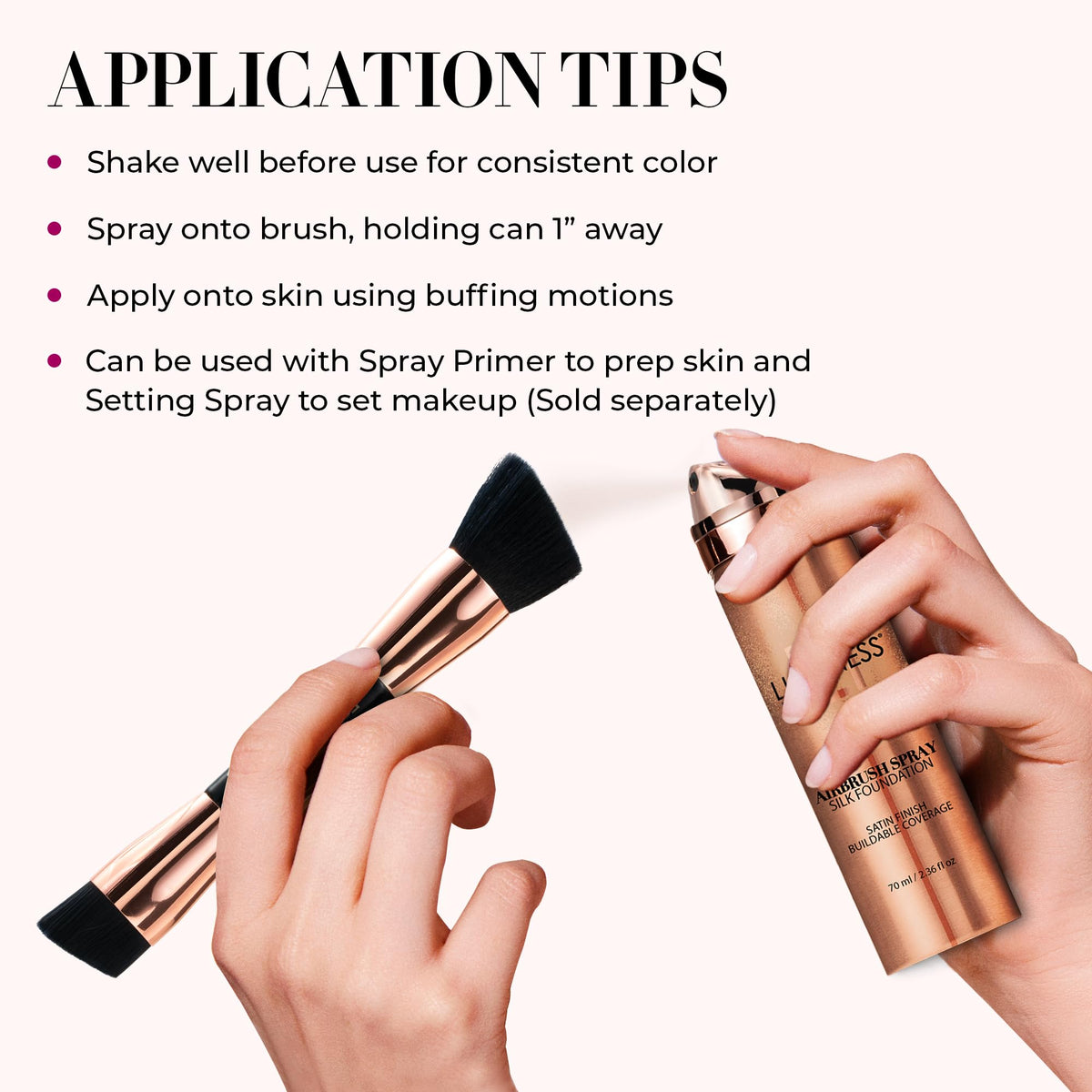 LUMINESS foundation sprayed onto buffing brush for even, sanitary application